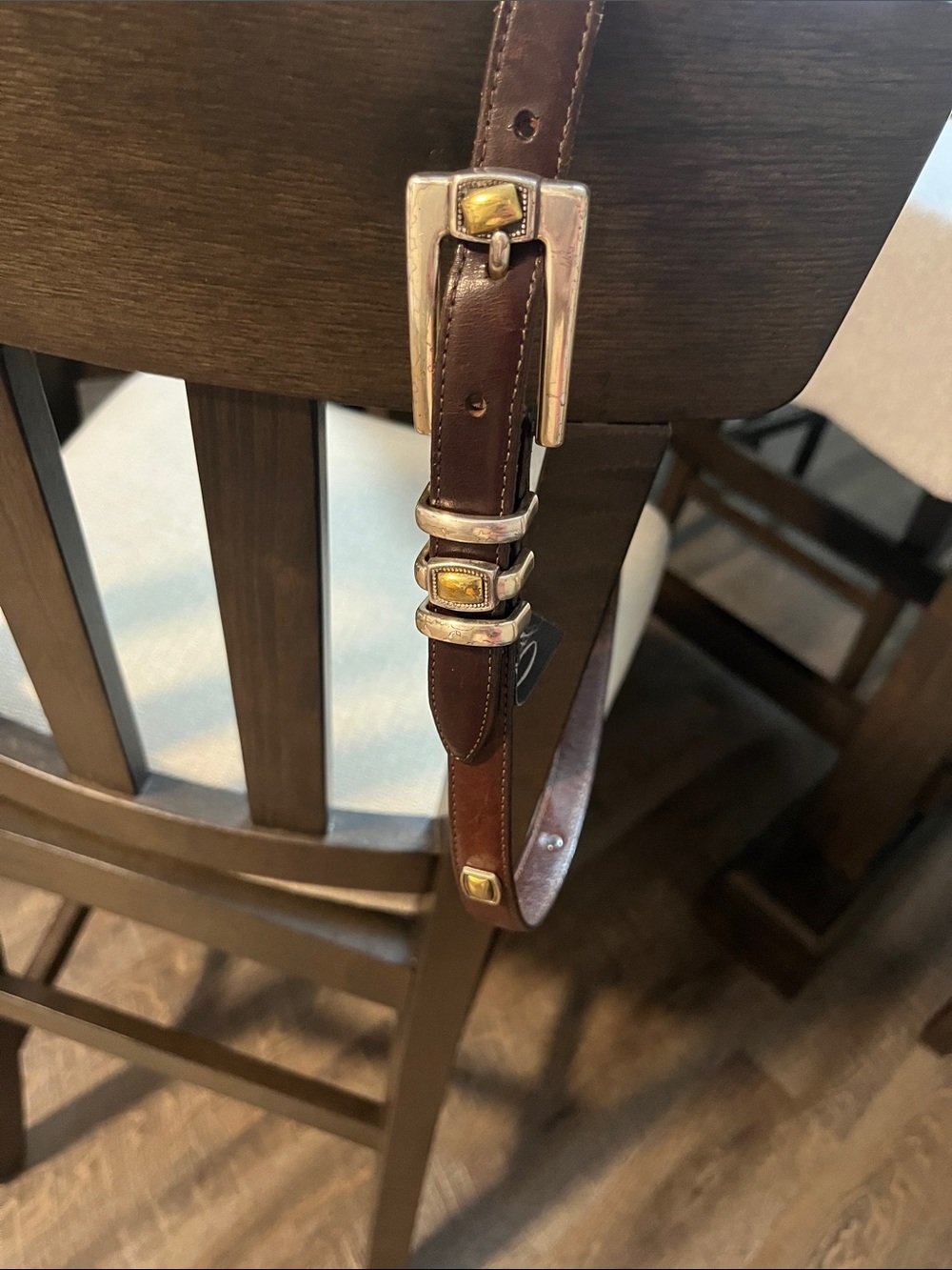 Vtg Brighton Brown Leather Belt with Silver and gold Buckle and Accents.